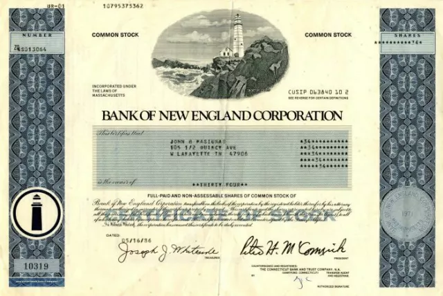 Bank of New England Corporation - Stock Certificate - Banking Stocks