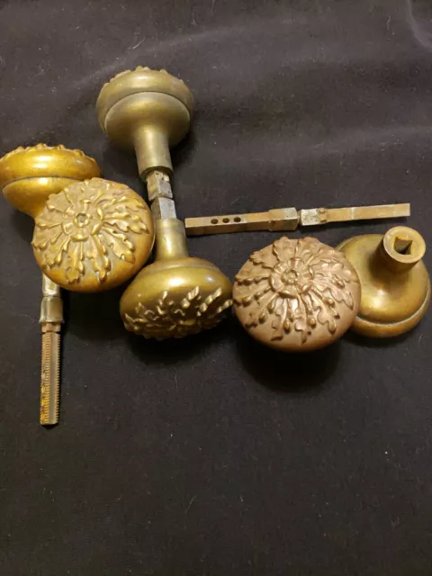 3 Pair Ornate Antique  Victorian Entry Brass Door Knob Set Heavy Chicago Salvage