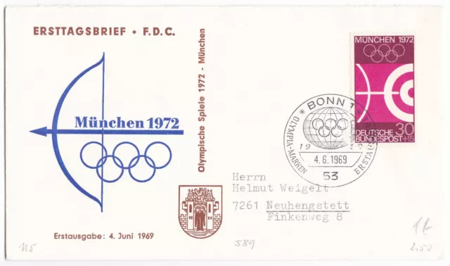 Bund FDC Brief 589 ESST. Bonn 4.6.1969 Olympia-Marke München 1972