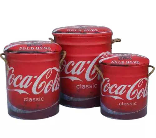 Retro Metall Aufbewahrung Trommelhocker Bar Mann Höhle Sitzbehälter 3er Set Coca Cola 2