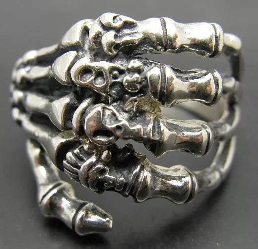 Sterling Silver Men's Ring Solid 925 Death Hand Biker Skull Gothic Handmade