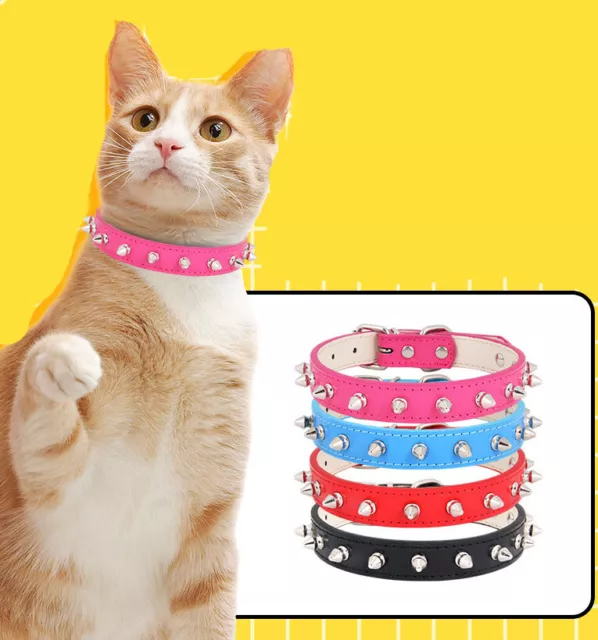 Spiked Studded Dog Cat Collar 1 Row Rivet PU Leather Adjustable Small Medium Pet