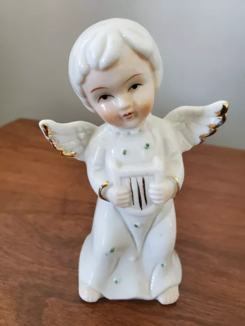 Vintage Ceramic Figurine Musician Angel with Harp - Japan - White /Gold