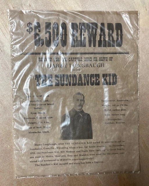 Vintage Sundance Kid Wanted Poster Reward Old Paper Western Outlaw Wall Art 11x9