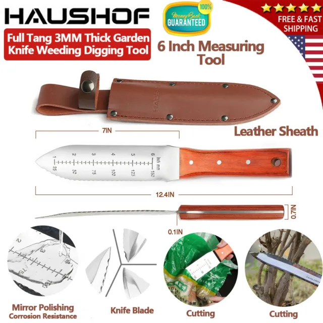 HAUSHOF Hori Hori Garden Knife 7" Blade Weeding Digging Tool Full Tang w/ Sheath