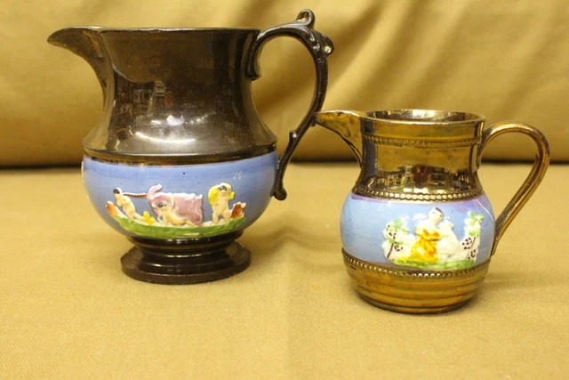 Pair of 2 Antique 19th Century Copper LUSTERWARE Handpainted Pitchers, Blue Band