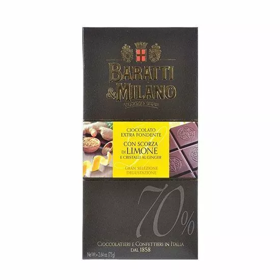 TAVOLETTA CIOCCOLATO FONDENTE SCORZA LIMONE E CRISTALLI DI GINGER BARATTI 75g.