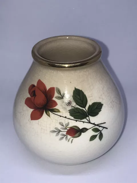 Vintage CROWN DEVON Bud Vase With Red Rose Motif 8cm 2