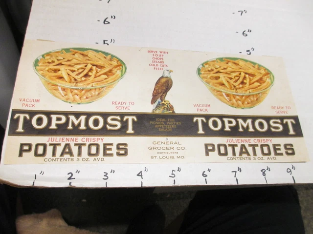 TOPMOST Julienne potato 1930s eagle tin can food paper label General Grocer