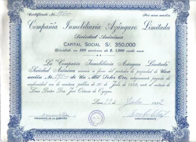 Peru 1932 Real Estate Co Inmobiliaria Azangaro 1000 soles Uncancelled issued 350
