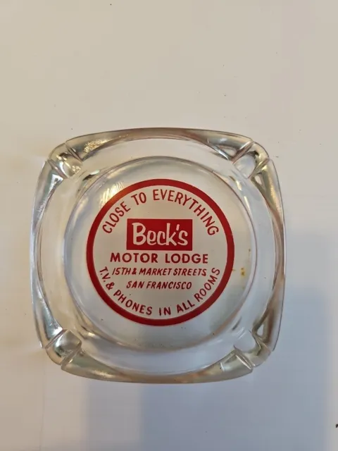 Vintage Glass Ashtray Becks Motor Lodges San Francisco Advertising