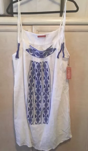 VELVET brand XL NWT SL cotton blue embroidered white adj strap tunic tassels 