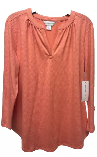 Liz Claiborne Womens Coral Long Sleeve V-Neck Casual Pull Over Shirt Size Small