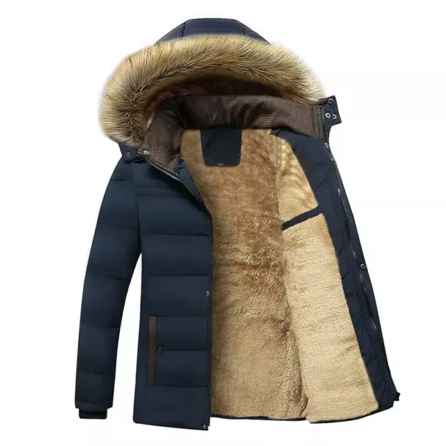 Winter Warm Thicken Fleeced Jacket Mens Hooded Faux Fur Collar Warm Coat Outwear