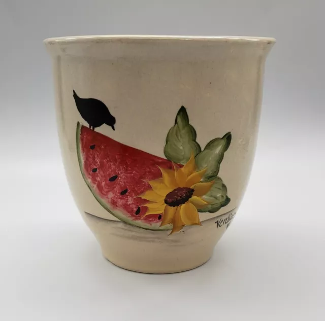 Robinson Ransbottom Pottery 1 Qt Crock Hand Painted Watermelon Bird Sunflower