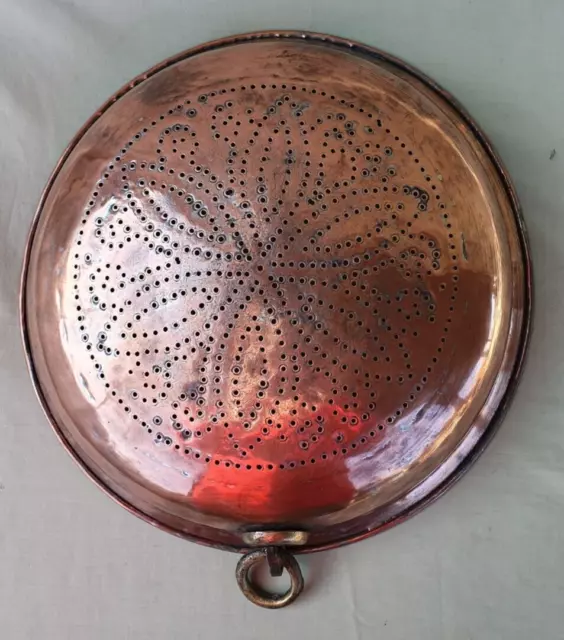 Antique 19thC Victorian Farmhouse Copper 13" Strainer with Hanging Ring French ?