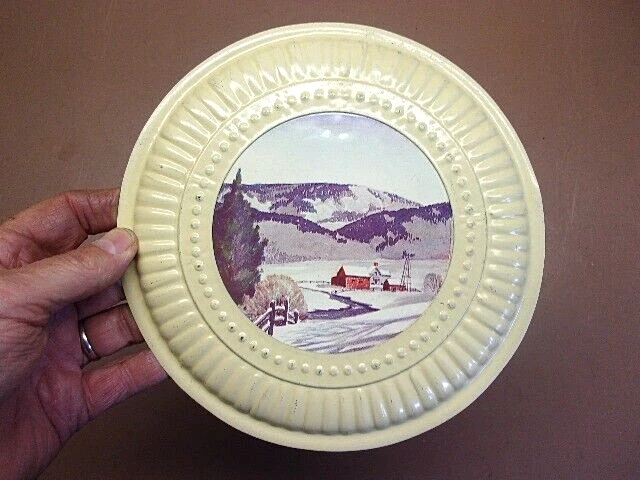 Vintage Stove Fireplace Chimney Tin Flue Cover for 6" Flue Winter Farm Scene