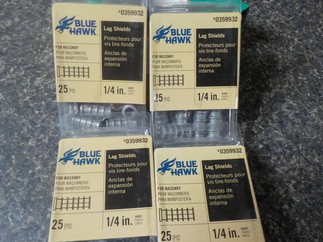 4 packs* Blue Hawk Lag Shields Masonry 1/4" Short 25-Pack