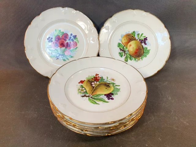 Lot 7 anciennes petites assiettes à dessert motif de fruit liseré doré vintage