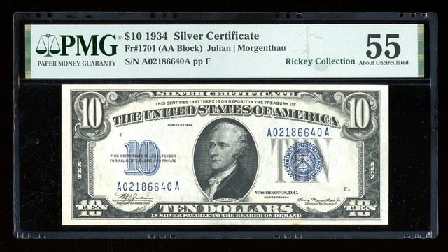 DBR 1934 $10 Silver Fr. 1701 PMG 55 Serial A02186640A