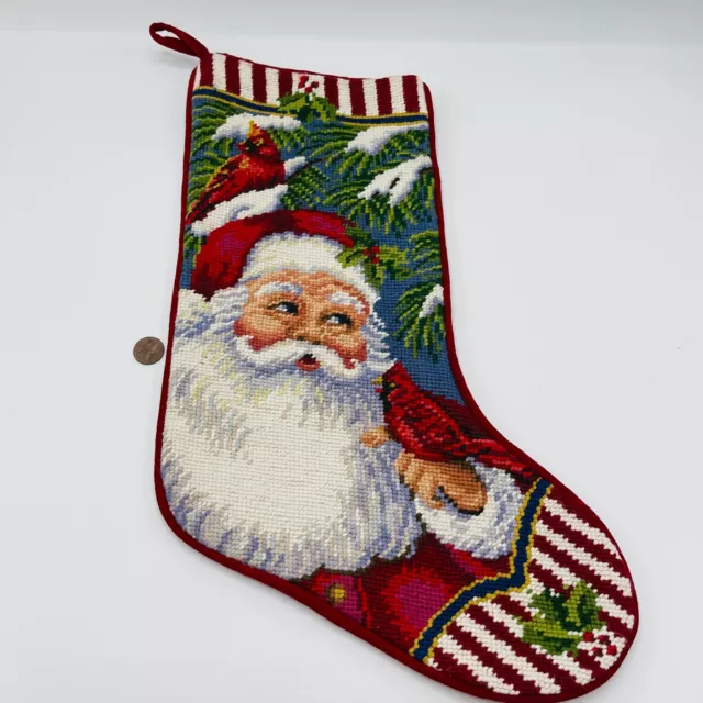 Needlepoint Christmas Stocking Santa Claus Red Velvet Backing Cottagecore