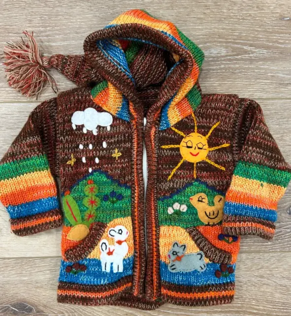 Brown Children peruvian hoodie sweater, Unique Peru Kids Wool Cardigan Sz 2