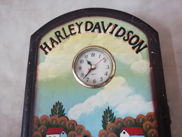 Vtg Rare 3D Harley Davidson Art Key Hooks Wall Wooden Cabinet Box Holder & Clock 2