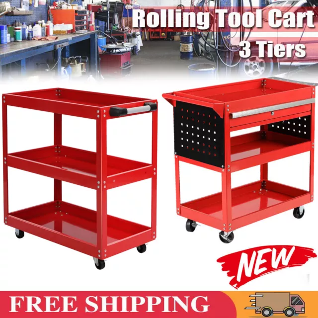 Heavy Duty Tool Storage Trolley Wheel Cart 3 Tier Shelf Cabinet Drawer Workshop