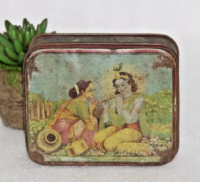 Vintage God Krishna Graphic Litho Print Empty Tin Box Old Original 14038