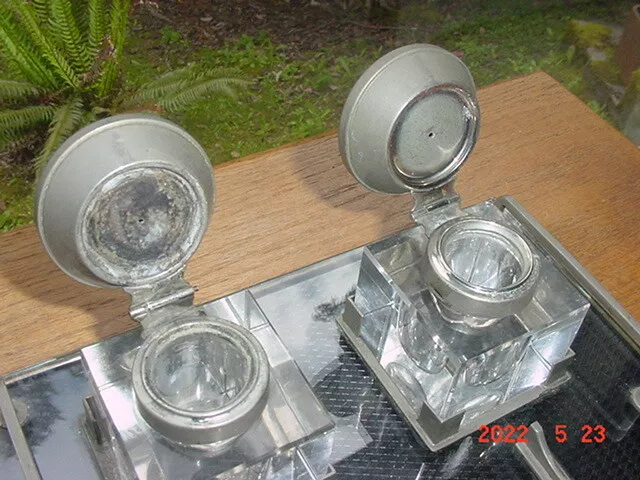 Vintage Mid Century Modern Deco Glass And Pewter Inkwell Set 3