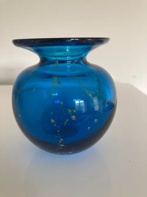 Mdina Small Globe Blue And Yellow Vase.Signed