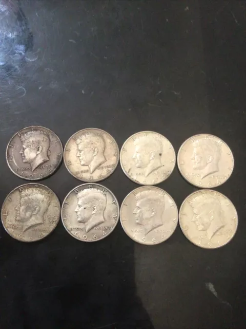 1964 Kennedy silver Half Dollars Lot of 8. 90%