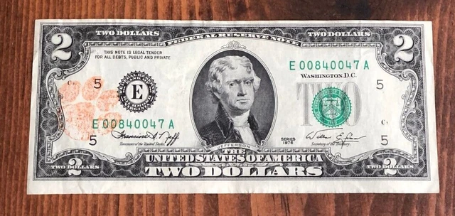 1976 Two Dollar Bill FRN Federal Reserve $2 Miscut Error Three of Four Borders
