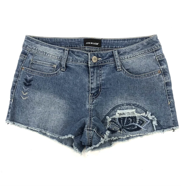 Joe Boxer Jean Shorts Juniors Size 5 Embroidered Frayed Cut Off Hem Blue Denim