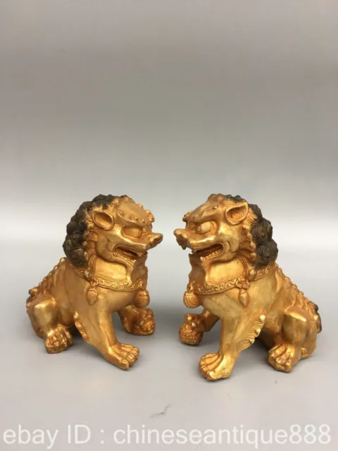 12cm Chinese Bronze Gilt Foo Fu Dog Guardion Lion Ball Lionet Animal Statue Pair