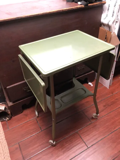 Vintage MCM Green Rolling Typewriter Desk Folding Leaf Table Wheels Legs