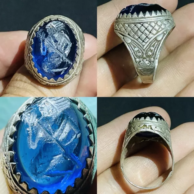 Beautiful Old Roman Gemstone intaglio stone King​ solid silver Ring