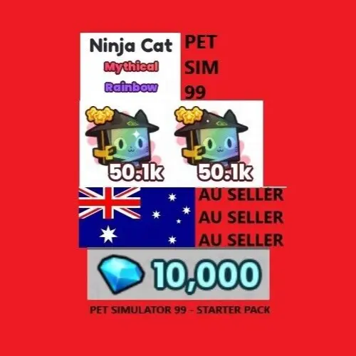 Pet Simulator 99 - 2x RB Rainbow Ninja Cat + 10,000 Gems Starter Pack Pet Sim 99