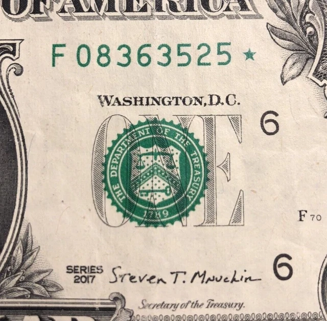 Solid Star Note Error One Dollar Bill Star Note Series 2017 F08363525
