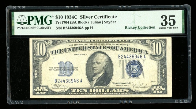 DBR 1934-C $10 Silver Fr. 1704 PMG 35 Serial B24436946A