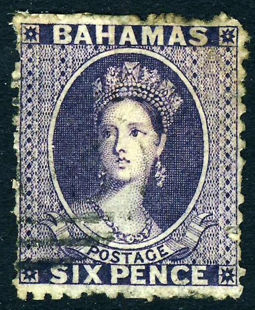 BAHAMAS QV 1863 6d. Deep Violet Perf. 12½ Wmk CROWN CC REVERSED SG 31x VFU
