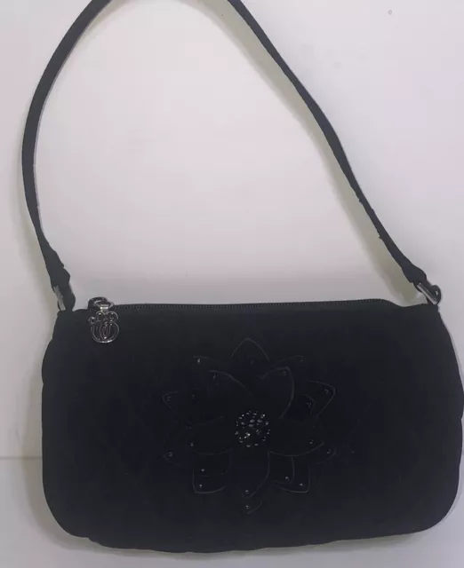 Vera Bradley Classic Black Microfiber Gigi Baguette Evening Purse With Flower