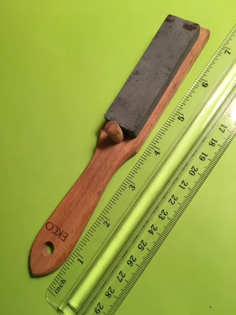 Ekco brand Knife Blade Sharpening Stone, about 7” on wood handle base Whetstone