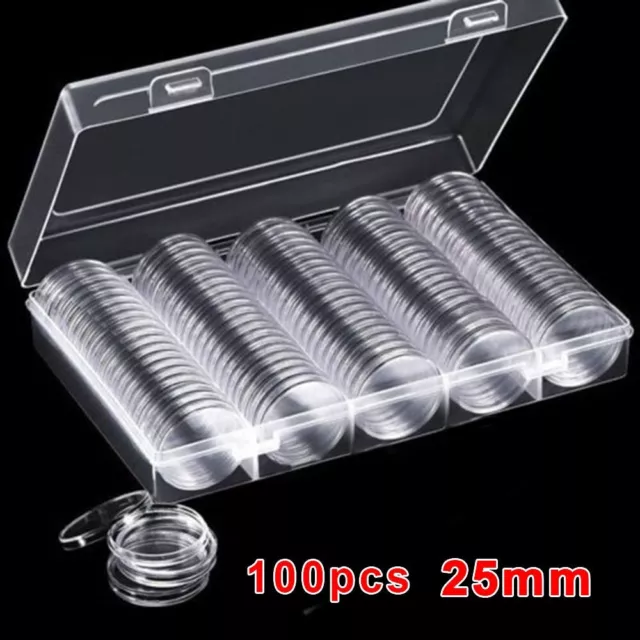 100 X 25mm Clear Round Plastic Coin Capsule Container Storage Box Holder Case