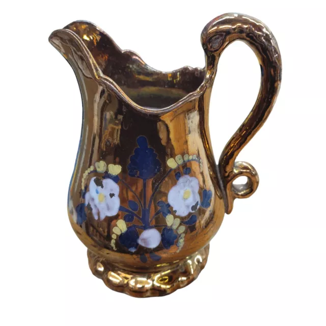 Antique Copper Lusterware Jug Pitcher English Hand Painted Blue Flowers 7"