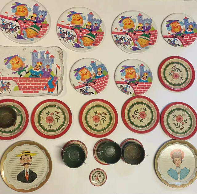 Vtg Lot Childrens Toy Tin Litho Dishes Tea Cup Saucer Plate Ohio Art Mixed Set