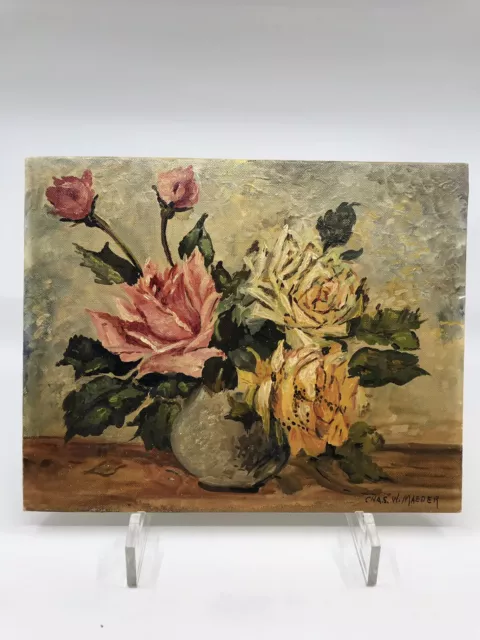 Vintage CHA.S. W. MAEDER Roses 8 x 10” Oil on Canvas Board Shabby & Chic Signed