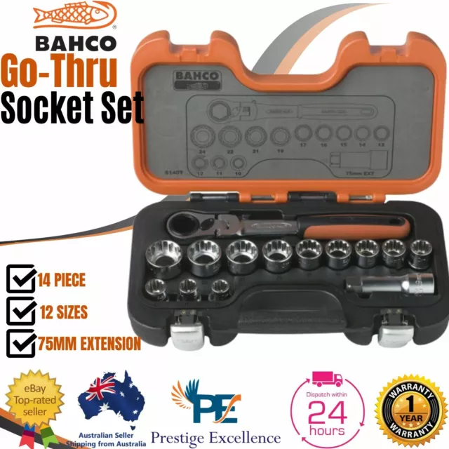 Bahco Go-Thru Socket Ratchet Set Reversible Flex Head 72 Teeth 75mm Extension AU