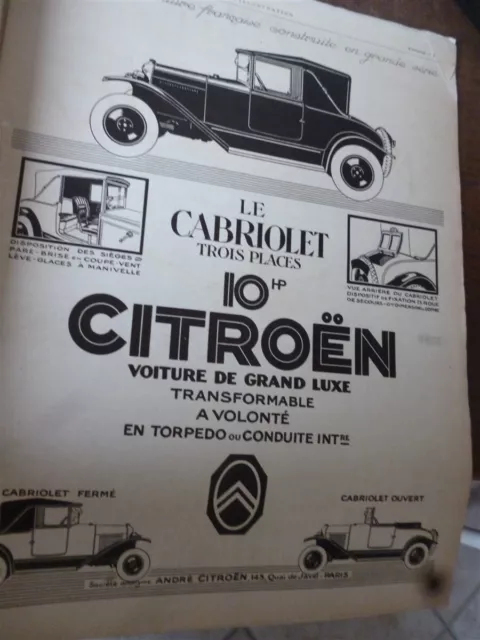 CITROEN cabriolet 3 places 10 HP 219 publicité papier l'ILLUSTRATION 1925