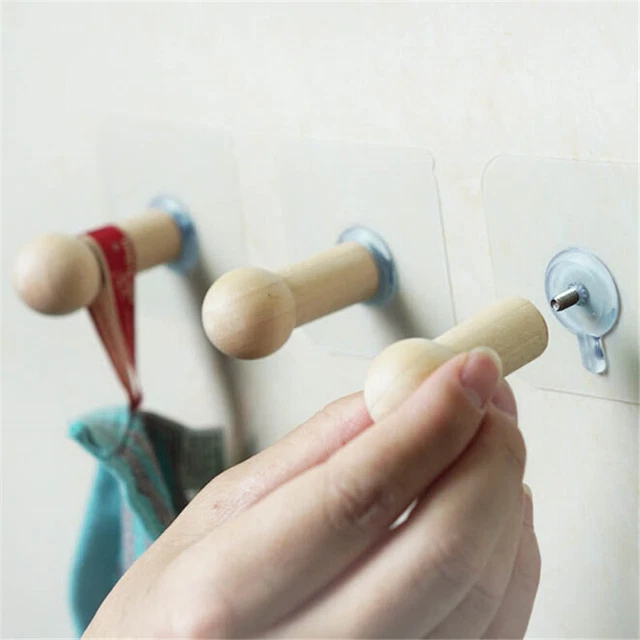 Self Adhesive Clothes Hooks No Drills Wooden Wall Mounted Key Hook Towel Hang J.